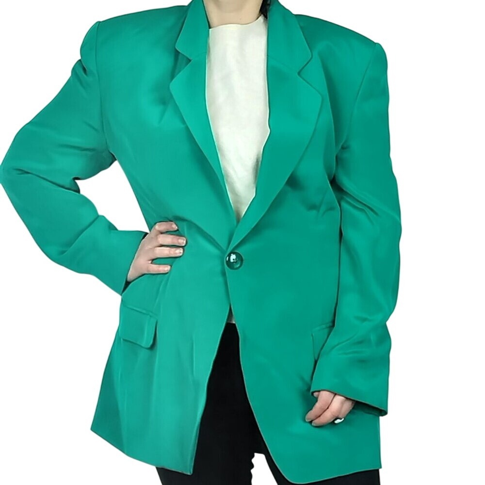 Vintage 100% Silk Blazer‎ Size 8 Green, Long Line Quiet Luxury Brettons Canadian
